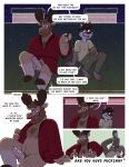 anthro antlers arm_hair balls barefoot bathrobe bathrobe_only beard body_hair bottomwear canid canine canis chest_hair clothed clothing comic deer dialogue duo english_text erection eyewear facial_hair feet foreskin genitals glasses hi_res hooves horn leg_hair leo_(nardodraws) male male/male mammal moose nardodraws navel new_world_deer night nipples on_roof open_clothing open_mouth open_robe open_smile pants penis pubes robe shirt sitting sky smile speech_bubble star starry_sky surprised_expression text tom_(nardodraws) topwear wolf