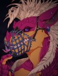 anthro bared_teeth bust_portrait dragon ear_piercing ear_ring female female_anthro front_view glistening glistening_eyes head_feathers hi_res industrial_piercing looking_at_viewer muzzle_(object) muzzled mythological_creature mythological_scalie mythology piercing pink_body pink_tongue portrait pupils purple_eyes ring_piercing riorix scalie sharp_teeth slit_pupils solo teeth tongue tongue_out yellow_body