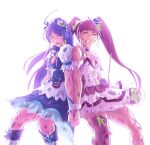  2girls ahoge bare_shoulders blue_eyes blunt_bangs boots bow bow_print brooch choker clenched_teeth commentary_request cowboy_shot crescent crescent_hair_ornament cure_selene cure_star detached_sleeves determined dirty dirty_clothes dirty_face doi_tabasuko dress frilled_dress frilled_sleeves frills frown fur_wrist_cuffs furrowed_brow hair_bow hair_ornament hair_scrunchie hair_tubes hairband highres holding_hands hoshina_hikaru injury interlocked_fingers jewelry kaguya_madoka knee_boots long_hair long_sideburns looking_ahead magical_girl multiple_girls one_eye_closed open_mouth pink_bag pink_choker pink_eyes pink_hair pink_thighhighs planet_hair_ornament precure puffy_short_sleeves puffy_sleeves purple_bag purple_bow purple_dress purple_hair ringlets scrunchie short_dress short_sleeves sideburns simple_background single_thighhigh sleeveless sleeveless_dress snowflakes star_(symbol) star_button star_choker star_hair_ornament star_print star_twinkle_precure teeth thick_eyebrows thighhighs torn_clothes torn_sleeves two-tone_bag very_long_hair waist_bag white_background white_boots white_dress white_hairband white_sleeves white_wrist_cuffs wrist_cuffs yellow_scrunchie 