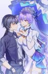  1boy 1girl absurdres bailiansheng164 cantarella_(wuthering_waves) dress facial_mark flower frilled_umbrella frills hair_flower hair_ornament headdress highres holding holding_umbrella male_rover_(wuthering_waves) mark_under_eye parasol purple_hair rover_(wuthering_waves) shrug_(clothing) umbrella white_dress white_shrug white_umbrella wuthering_waves 