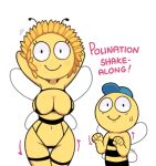 antennae_(anatomy) anthro areola areola_slip arthropod bee big_breasts bodily_fluids breasts camel_toe clothed clothing duo english_text eyelashes female hands_behind_head hat headgear headwear hymenopteran insect looking_at_viewer male mother_(lore) mother_and_child_(lore) mother_and_son_(lore) motion_lines parent_(lore) parent_and_child_(lore) parent_and_son_(lore) simple_background skimpy smile son_(lore) sweat sweatdrop ta777371 text thigh_gap white_background wide_hips wings yellow_body
