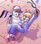 2025 accessory agender_pride_colors ambiguous_gender anthro arm_tattoo asexual_pride_colors baseball_cap bear belt biped blonde_hair blue_bottomwear blue_clothing blue_pants blue_shirt blue_topwear bottomwear bridal_carry carrying_another clothing confetti countershade_face countershade_fur countershade_tail countershading crocs deer detailed_background dress_shoes duo eye_through_hair eyebrow_through_hair eyebrows eyewear female fingerless_(marking) footwear formal_wear fur glasses hair hair_accessory hairband half-closed_eyes hat headgear headwear hi_res holding_pride_flag kello_(lewdles) lewdles lgbt_pride mammal narrowed_eyes necktie new_world_deer nonbinary_(lore) open_mouth outside pants pink_necktie polar_bear pride_colors red_bottomwear red_clothing red_shorts sam_(lewdles) shaded shadow shirt shorts signature snout suit suit_jacket tail tan_body tan_fur tank_top tattoo teal_hair teeth three_piece_suit topwear trans_(lore) transgender_pride_colors translucent translucent_hair ursine wearing_glasses white-tailed_deer white_body white_clothing white_fur white_shirt white_topwear