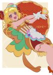  1girl absurdres ankle_bow apron aqua_bow back_bow bare_arms bare_legs bare_shoulders blonde_hair boots border bow bow_apron bowtie brooch brown_boots bun_cover center_frills circle corset cure_yum-yum delicious_party_precure dot_nose double_bun dress drill_hair eyelashes feet_out_of_frame food-themed_hat frilled_dress frilled_headwear frills gloves green_bow hair_between_eyes hair_bun hanamichi_ran happy hat hat_bow heart heart_brooch heart_print highres jewelry large_bow layered_dress leaning_back light_blush long_hair looking_at_viewer magical_girl mini_hat object_floating_above_hand open_mouth orange_brooch orange_corset orange_dress outside_border outstretched_arms pink_bow pink_eyes pom_pom_hat_ornament precure purple_bow red_dress shipu_(gassyumaron) short_dress side_slit signature sleeveless sleeveless_dress smile solo striped_clothes tareme thighlet translation_request twin_drills two-tone_corset vertical-striped_clothes vertical-striped_corset waist_apron white_apron white_border white_corset white_gloves yellow_bow yellow_bowtie 