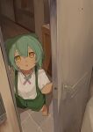  1girl barefoot commentary doorway foreshortening from_above full_body green_hair green_shorts highres indoors looking_at_viewer open_door open_mouth perspective pocche-ex pov_doorway shirt short_hair shorts solo standing suspenders voiceroid voicevox white_shirt yellow_eyes zundamon 