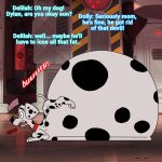 101_dalmatian_street 101_dalmatians belly bloated canid canine canis dalmatian dialogue disney domestic_dog dylan_(101_dalmatians) english_text hi_res male mammal morbidly_obese morbidly_obese_male obese obese_male offscreen_character overweight overweight_male solo text vore