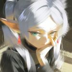  1girl absurdres closed_mouth earrings elf frieren green_eyes grey_hair highres jewelry long_hair looking_at_viewer nyte_tyde pointy_ears solo sousou_no_frieren twintails 