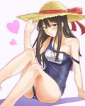  brown_hair green_eyes hat idolmaster idolmaster_cinderella_girls long_hair moketa one-piece_swimsuit school_swimsuit shibuya_rin strap_slip sun_hat swimsuit 