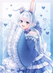  1boy :d absurdres aegyo_sal androgynous animal_ears aqua_background blue_background blue_bow blue_dress blue_eyes blue_theme bow bow_choker choker collarbone commentary_request dragon_quest dragon_quest_x dress flower frilled_dress frills gradient_background hair_bow heart hero_(dq10) highres kuro11_222 long_hair looking_to_the_side male_focus off_shoulder pixel_heart ponytail rabbit_boy rabbit_ears sleeves_past_fingers sleeves_past_wrists smile solo trap upper_body white_background white_bow white_hair white_trim 