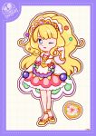  1girl anklet apron big_hair blonde_hair blue_eyes blueberry blunt_bangs border bow bow_apron bridal_gauntlets bright_pupils brooch coattails collared_vest cross-laced_clothes cross-laced_top cure_finale deformed delicious_party_precure dot_nose dotted_line dress eyelashes food food-themed_clothes food_print fruit fruit_print full_body gold_tiara green_bow grey_background grid_background hairband hand_in_own_hair hat_ornament heart heart_brooch heart_hat_ornament high_heels highres jewelry kasai_amane lace-trimmed_skirt lace_trim long_hair long_sleeves looking_at_viewer loose_hair_strand magical_girl medium_dress miniskirt one_eye_closed open_mouth outline pink_bow pink_skirt precure puffy_long_sleeves puffy_sleeves purple_border purple_brooch purple_sleeves shirt shoes signature skirt skirt_under_dress smile solo standing strawberry_print three-quarter_sleeves tiara tsurime uwded_207 very_long_hair vest waist_apron wavy_hair white_apron white_bridal_gauntlets white_dress white_hairband white_outline white_pupils white_vest yellow_shirt yellow_shoes 