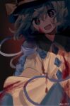 1girl :d black_hat blood blood_on_clothes blood_on_face blouse blush bow buttons chinese_commentary commentary_request cowboy_shot dark diamond_button frilled_shirt_collar frills green_eyes green_hair green_skirt hair_between_eyes hat hat_bow highres komeiji_koishi looking_at_viewer medium_hair notice_lines open_mouth penniky0119 procreate_(medium) red_pupils shirt skirt smile solo third_eye touhou watermark yellow_bow yellow_shirt 