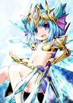  alternate_costume armor blue_eyes blue_hair blue_wings blush cirno cosplay fang hellice_frost_demon_(p&amp;d) hellice_frost_demon_(p&amp;d)_(cosplay) helm helmet horns ice ice_wings inyucchi navel polearm power_connection puzzle_&amp;_dragons solo touhou trident weapon wings 