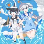  2girls anchor_symbol black_boots black_hair black_one-piece_swimsuit blowhole blue_dress blue_eyes blue_hair blue_trim blush boots cetacean_tail choker commerson&#039;s_dolphin_(kemono_friends) common_bottlenose_dolphin_(kemono_friends) dolphin_girl dorsal_fin dress fins fish_tail frilled_dress frilled_one-piece_swimsuit frills grey_hair hair_between_eyes head_fins highres japari_symbol jewelry kemono_friends locked_arms multicolored_hair multiple_girls neckerchief necklace one-piece_swimsuit open_mouth ririnasoon sailor_collar sailor_dress short_hair short_sleeves sidelocks smile socks swimsuit tail two-tone_hair two-tone_one-piece_swimsuit water white_choker white_hair white_neckerchief white_one-piece_swimsuit white_socks 