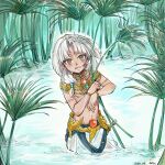  1boy absurdres ahoge bracelet dark-skinned_male dark_skin dated fate/grand_order fate_(series) grey_eyes grey_hair highres jewelry long_hair male_focus no_headwear scarab signature tutankhamun_(fate) wading water wet yxf68586108 