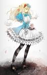  alice_(wonderland) alice_in_wonderland bow dress flower gloves green_eyes hair_bow hair_flower hair_ornament highres long_hair nana_(nanalog76) outstretched_arms pantyhose rose shoes solo spread_arms striped striped_legwear 