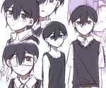  2boys antenna_hair bailan1130 black_eyes black_hair black_sweater_vest black_tank_top blush bright_pupils closed_mouth collared_shirt crying dual_persona expressionless eyepatch highres looking_at_viewer male_focus multiple_boys omori omori_(omori) open_mouth revision shirt short_hair short_sleeves smile spoilers sunny_(omori) sweater_vest tank_top white_pupils white_shirt 
