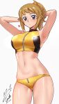  1girl absurdres armpits arms_behind_head arms_up ass_visible_through_thighs blush breasts brown_hair commentary_request cowboy_shot crop_top dated gundam gundam_build_fighters gundam_build_fighters_try heart highres hoshino_fumina large_breasts looking_at_viewer navel panties ponytail purple_eyes signature simple_background solo sports_bra stomach thighs turtleneck underwear white_background yellow_panties yellow_sports_bra yoo_tenchi 