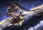  2boys age_comparison bandaid black_collar black_hair black_wings closed_eyes cloud coat collar dual_persona faceless feathered_wings gaebok_jing hair_over_eyes highres hug in_water kim_dokja male_focus multiple_boys multiple_views omniscient_reader&#039;s_viewpoint short_hair signature sky star_(sky) starry_sky wet white_coat wings yoo_joonghyuk 