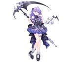  1girl ahoge black_dress black_shoes blush dress frilled_dress frills full_body ghost hair_ornament hairclip halterneck heart heart_o-ring highres holding holding_scythe jewelry lq_saku luminaria_pro maimiya_rinne monocle multicolored_hair o-ring official_art purple_brooch purple_eyes purple_hair ring scythe shoes simple_background socks solo standing streaked_hair thigh_strap tongue transparent_background two_side_up virtual_youtuber white_socks x_hair_ornament 