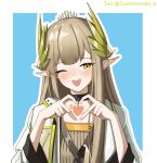  1girl ;d absurdres arknights black_choker blue_background blush brown_hair chinese_commentary choker commentary_request elf four-finger_heart_hands heart heart_hands highres long_hair looking_at_viewer mole mole_under_eye muelsyse_(arknights) muxuan one_eye_closed open_mouth outline own_hands_together pointy_ears simple_background smile solo twitter_username upper_body white_outline yellow_eyes 