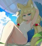  1girl absurdres ahoge alternate_costume animal_ears arm_up armpits beach_chair beach_umbrella blonde_hair blue_bow blue_sky bow breasts cat_ears closed_mouth cloud fins fish_girl fish_tail green_eyes hair_bow highres indie_virtual_youtuber lifebuoy_hair_ornament long_hair low_twintails one-piece_swimsuit one_side_up sameko_saba shion_(shion_aster) sky small_breasts smile solo swimsuit tail twintails umbrella very_long_hair virtual_youtuber white_one-piece_swimsuit 