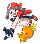  1girl :d bandana bike_shorts black_gloves black_shorts blue_eyes brown_hair fangs full_body gloves highres may_(pokemon) n_r1115 open_mouth pokemon pokemon_(creature) pokemon_adventures red_bandana red_shirt red_shoes shirt shoes short_hair short_sleeves shorts smile torchic twitter_username two-tone_gloves white_background white_gloves 