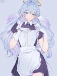  1girl alternate_costume apron artist_name black_dress blue_background blue_eyes blue_hair bow bowtie bracelet closed_mouth colored_eyelashes covered_collarbone dress eyebrows_hidden_by_hair eyes_visible_through_hair face_jewel facing_viewer feathered_wings gloves halo hand_on_own_chest head_wings highres jewel_under_eye jewelry lipstick long_hair looking_at_viewer maid maid_apron makeup pearl_bracelet pink_lips purple_bow purple_bowtie robin_(honkai:_star_rail) samlatte signature smile solo standing thigh_peek very_long_hair white_apron white_gloves white_wings wings 