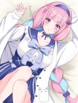  1girl anchor_hair_ornament anchor_symbol bare_legs blue_choker blue_hair blue_hairband blue_sailor_collar blush bow braid choker colored_inner_hair frilled_sailor_collar frills hair_ornament hairband high-waist_skirt highres hololive jacket long_hair long_sleeves looking_at_viewer lying minato_aqua minato_aqua_(sailor) multicolored_hair official_alternate_costume official_alternate_hairstyle on_back on_bed pink_hair purple_eyes ribbon_choker sailor_collar school_uniform serafuku skirt solo twin_braids two-tone_hair user_uvdj4347 virtual_youtuber 