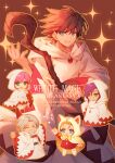  2boys 3girls :d amulet animal_ears arm_up artist_name bartz_klauser blonde_hair blue_eyes boots bow bowtie brown_background brown_hair chibi closed_eyes closed_mouth commentary_request copyright_name cropped_legs dress facial_hair faris_scherwiz final_fantasy final_fantasy_v galuf_halm_baldesion gem green_eyes grey_hair holding holding_staff hood hood_down hood_up krile_mayer_baldesion_(ff5) lenna_charlotte_tycoon looking_at_viewer looking_to_the_side magic multicolored_boots multiple_boys multiple_girls pink_hair purple_hair red_boots red_dress red_gemstone red_trim robe shoes smile staff teeth thigh_boots two-tone_boots upper_teeth_only usui_rina white_boots white_hood white_mage_(final_fantasy) white_robe yellow_bow yellow_bowtie yellow_hood yellow_shoes 