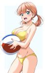  1girl ball bare_arms bare_legs beachball bikini blue_eyes breasts hair_ornament hairclip happy highres hinoshita_kaho holding holding_ball large_breasts light_blush link!_like!_love_live! lips long_hair looking_at_viewer love_live! low_twintails nail_polish navel open_mouth orange_hair sideboob smile solo summer swimsuit teeth thighs twintails upper_teeth_only white_background yellow_bikini yopparai_oni 