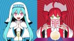  2girls ahoge aqua_hair drill_hair hair_between_eyes hair_ornament hatsune_miku highres holding holding_pocket_watch hypnosis kasane_teto long_hair long_sleeves mind_control mouth_veil multiple_girls nun own_hands_together pinocchio-p pocket_watch red_eyes red_hair ringed_eyes smile synthesizer_v t-shi_no_hanashi_wo_shinjiru_na_(vocaloid) utau veil vocaloid watch yellow_eyes 