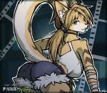 2025 anthro biped blonde_hair bottomwear breasts butt clothed clothed_anthro clothed_female clothing digital_media_(artwork) felid feline female fully_clothed fully_clothed_anthro fully_clothed_female fur green_eyes hair hi_res inner_ear_fluff looking_at_viewer looking_back looking_back_at_viewer mammal markings mihoyo psychorodent pulchra_fellini rear_view serval simple_background solo standing striped_body striped_fur striped_markings striped_tail stripes tail tail_markings teeth topwear tuft yellow_body yellow_fur yellow_tail zenless_zone_zero