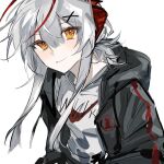  1girl arknights black_jacket chinese_commentary closed_mouth commentary_request grey_hair grey_shirt hair_between_eyes hair_ornament highres hood hood_down hooded_jacket jacket light_blush long_hair looking_at_viewer multicolored_hair open_clothes open_jacket qielmy red_hair shirt simple_background sketch smile solo streaked_hair upper_body w_(arknights) white_background x_hair_ornament yellow_eyes 