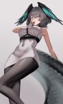 1girl absurdres aoi_wakashi_chiyo aqua_eyes arknights bare_shoulders between_breasts black_pantyhose breasts covered_navel dress feathered_wings feet_out_of_frame fingerless_gloves from_below gloves grey_hair hair_between_eyes hand_on_own_face hand_up head_wings highres ho&#039;olheyak_(arknights) looking_at_viewer medium_hair pantyhose pencil_dress snake_tail solo strap_between_breasts tail tongue tongue_between_fingers tongue_out white_dress white_gloves wings 