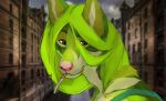alternate_species anthro anubikali apron canid canine canis cigarette cigarette_in_mouth clothing female fur furrification green_body green_eyes green_fur green_hair green_inner_ear hair half-closed_eyes looking_at_viewer mammal narrowed_eyes nicole_ting object_in_mouth photo_background photography_(artwork) pink_nose pupils rhythm_doctor side_view solo teal_apron teal_clothing wolf