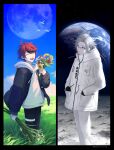  2boys ^_^ ahoge aotsuki_eito black_border black_gloves black_streaks blue_eyes blue_jacket border bouquet closed_eyes closed_mouth drawstring earth_(planet) field glasses gloves grey_hair grey_jacket hands_in_pockets holding holding_bouquet hood hoodie jacket jacket_over_hoodie looking_to_the_side male_focus moon multicolored_hair multicolored_jacket multiple_boys on_moon planet red_hair seiran_yoroz short_hair smile space streaked_hair sumino_takumi the_hundred_line_-last_defense_academy- two-tone_jacket white_hoodie white_jacket 