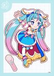  1girl ahoge aqua_bow aqua_bowtie bare_shoulders blue_boots blue_border blue_bow blue_cape blue_eyes blue_hair blue_skirt blunt_bangs boots border bow bow_skirt bowtie bracelet bright_pupils brooch buttons cape circle_skirt collared_shirt cure_sky deformed detached_sleeves dot_nose dotted_line earrings eyelashes fingerless_gloves frilled_skirt frilled_sleeves frills fringe_trim full_body gloves gold_bracelet gradient_hair grid_background grin hair_bow hair_ornament happy heart heart_hair_ornament heart_print high-waist_skirt high_collar high_heel_boots high_heels highres hirogaru_sky!_precure jewelry knee_up lace-trimmed_skirt lace_trim leaning_forward long_hair looking_at_viewer magical_girl microphone miniskirt multicolored_hair necktie outline outstretched_arms pink_bow pink_hair precure puffy_short_sleeves puffy_sleeves red_cape running shirt short_sleeves side_cape signature skirt sleeveless sleeveless_shirt smile solo sora_harewataru sphere_earrings streaked_hair tareme thighhighs twintails two-sided_cape two-sided_fabric two-tone_hair uwded_207 very_long_hair white_background white_gloves white_necktie white_outline white_pupils white_shirt white_sleeves white_thighhighs wing_hair_ornament 