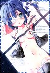  :o absurdres ahoge bare_shoulders black_legwear blue_eyes blue_hair blush breasts chuunibyou_demo_koi_ga_shitai! cleft_of_venus eyepatch foreshortening highres kamiya_maneki lying medium_breasts navel nipples no_pants on_back one_side_up open_clothes outstretched_arms panties panty_pull pussy_peek scan short_hair solo sweat takanashi_rikka thighhighs underwear white_panties 