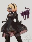  1girl 2b_(nier:automata) 2b_(nier:automata)_(cosplay) black_dress black_hairband black_thighhighs blindfold blonde_hair breasts cat cleavage_cutout closed_mouth clothing_cutout cosplay dark-skinned_female dark_skin dress dusty_(gravity_daze) floating gloves gravity_daze gravity_daze_2 hairband highres juliet_sleeves kitten_(gravity_daze) long_hair long_sleeves looking_at_viewer medium_hair mole mole_under_mouth nier:automata nier_(series) puffy_sleeves pungter red_eyes scarf short_dress simple_background skindentation smile solo strapless thighhighs vambraces white_background 