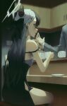  1boy 1girl absurdres black_choker black_dress black_hair black_horns blue_archive breasts choker demon_horns dress ear_piercing grey_halo halo highres horns kayoko_(blue_archive) kayoko_(dress)_(blue_archive) long_hair multicolored_hair official_alternate_costume piercing red_eyes rifu002 sleeveless solo 