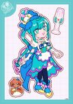  1girl apron aqua_border aqua_choker aqua_eyes aqua_hair aqua_skirt back_bow black_pantyhose blue_boots blue_bow blue_bowtie blue_brooch boots border bow bow_apron bowtie braid braided_hair_rings brooch buttons choker cure_spicy deformed delicious_party_precure dot_nose dotted_line drill_hair elbow_gloves eyelashes eyes_visible_through_hair footwear_bow frilled_choker frilled_gloves frills full_body fuwa_kokone gloves grey_background grid_background hair_bow hair_ornament hair_rings happy heart heart_brooch high_heel_boots high_heels highres jewelry large_bow long_hair looking_at_viewer loose_hair_strand magical_girl medium_skirt multicolored_hair open_mouth outline pam-pam pantyhose petticoat pink_bow pink_hair precure puffy_short_sleeves puffy_sleeves shirt short_sleeves side_ponytail side_slit signature single_hair_ring skirt smile standing streaked_hair swept_bangs two-tone_hair uwded_207 very_long_hair waist_apron wand wavy_hair white_apron white_gloves white_outline white_shirt 