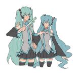  1boy 1girl aqua_eyes aqua_hair aqua_necktie bare_shoulders black_skirt breasts brother_and_sister cosplay crossdressing crossdressing_(mtf) detached_sleeves eirika_(fire_emblem) ephraim_(fire_emblem) fire_emblem fire_emblem:_the_sacred_stones hair_between_eyes hand_on_own_hip hatsune_miku hatsune_miku_(cosplay) headset highres julianlynnnn long_hair looking_at_viewer matching_outfits necktie siblings simple_background skirt sleeveless smile standing thighhighs twins twintails very_long_hair vocaloid white_background wig 