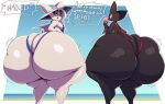 absurd_res anthro bat batt_the_bat big_breasts big_butt black_body blue_eyes breasts butt clothing dessert duo eyewear eyewear_on_head female food half-closed_eyes hat headgear headwear hi_res huge_butt huge_hips huge_thighs hyper hyper_butt ice_cream looking_at_viewer mammal murcii_(ekkokenight) narrowed_eyes one-piece_swimsuit open_mouth red_eyes sling_bikini sun_hat sunglasses sunglasses_on_head swimwear thick_thighs trinity-fate62 white_body wide_hips