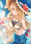  1girl akr_(tvfz2233) blonde_hair blue_sarong breasts brown_hat crop_top cynthia_(pokemon) cynthia_(summer_2025)_(pokemon) grey_eyes hair_over_one_eye hat long_hair looking_at_viewer milotic navel official_alternate_costume pokemon pokemon_(creature) pokemon_masters_ex sarong smile sun_hat very_long_hair water 