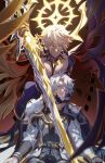  2boys alternate_form antenna_hair armor asymmetrical_wings bare_pectorals black_choker black_gloves black_shirt black_wings blonde_hair blue_cape cape choker closed_eyes coat commentary cracked_skin english_commentary gloves hair_between_eyes halo halo_behind_head hand_on_another&#039;s_face highres holding holding_sword holding_weapon honkai:_star_rail honkai_(series) lowah male_focus material_growth multiple_boys parted_bangs pauldrons pectorals phainon_(honkai:_star_rail) shirt short_hair shoulder_armor single_glove single_pauldron sword torn_clothes torn_shirt weapon white_coat white_hair wings yellow_blood yellow_eyes yellow_wings 