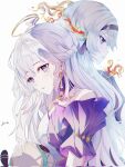  2girls aqua_eyes black_hairband black_jacket black_ribbon blue_pupils braid choker collar dress earrings face_jewel fiery_hair fire firefly_(honkai:_star_rail) gloves grey_hair hair_between_eyes hair_intakes hair_ornament hairband halo head_wings highres honkai:_star_rail honkai_(series) jacket jewel_under_eye jewelry long_hair multicolored_eyes multiple_girls open_mouth purple_choker purple_collar purple_dress purple_hair purple_sleeves qingsi ribbon robin_(honkai:_star_rail) short_sleeves simple_background strapless strapless_dress two-tone_dress two-tone_eyes white_background white_gloves white_wings wings yellow_halo 
