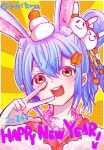  &gt;_&lt; 1girl 2024 :d animal_ear_fluff animal_ears blue_hair blush_stickers closed_eyes closed_mouth commentary_request food food_on_head hair_between_eyes hair_bun hand_up happy_new_year highres hololive japanese_clothes kagami_mochi kimono kiritoma looking_at_viewer object_on_head pekomon_(usada_pekora) rabbit_ears red_eyes red_kimono single_side_bun smile sunburst sunburst_background twitter_username upper_body usada_pekora virtual_youtuber w |_| 