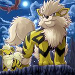  arcanine cloud fangs fearow full_moon gen_1_pokemon growlithe moon night no_humans pokemon pokemon_(creature) shiny_pokemon sky standing 