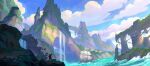  chinnkun cliff cloud fantasy landscape moss mountain nature ocean original painterly rock sailing_ship shore sky water waterfall watermark waves 