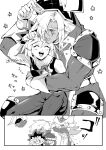  1girl 2boys anger_vein artist_name black_shirt card closed_eyes duel_monster fake_horns gloves greyscale helmet highres holding holding_card horned_helmet horns hug hug_from_behind mi_manu1950 monochrome multiple_boys muto_yugi open_mouth shirt silent_magician silent_swordsman simple_background smile white_background white_gloves yu-gi-oh! 