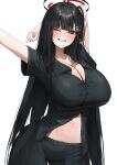  1girl absurdres alternate_costume arm_behind_head arms_up bare_arms black_hair black_halo black_pants black_shirt blue_archive blunt_bangs breasts bright_pupils cleavage collared_shirt commentary cowboy_shot grin hair_ornament hairclip halo hashtag-only_commentary highres huge_breasts long_hair looking_at_viewer midriff multicolored_halo navel one_eye_closed open_collar pants poharo red_eyes red_halo ringed_eyes rio_(blue_archive) shirt short_sleeves simple_background smile solo stretching teeth two-tone_halo very_long_hair white_background white_pupils 